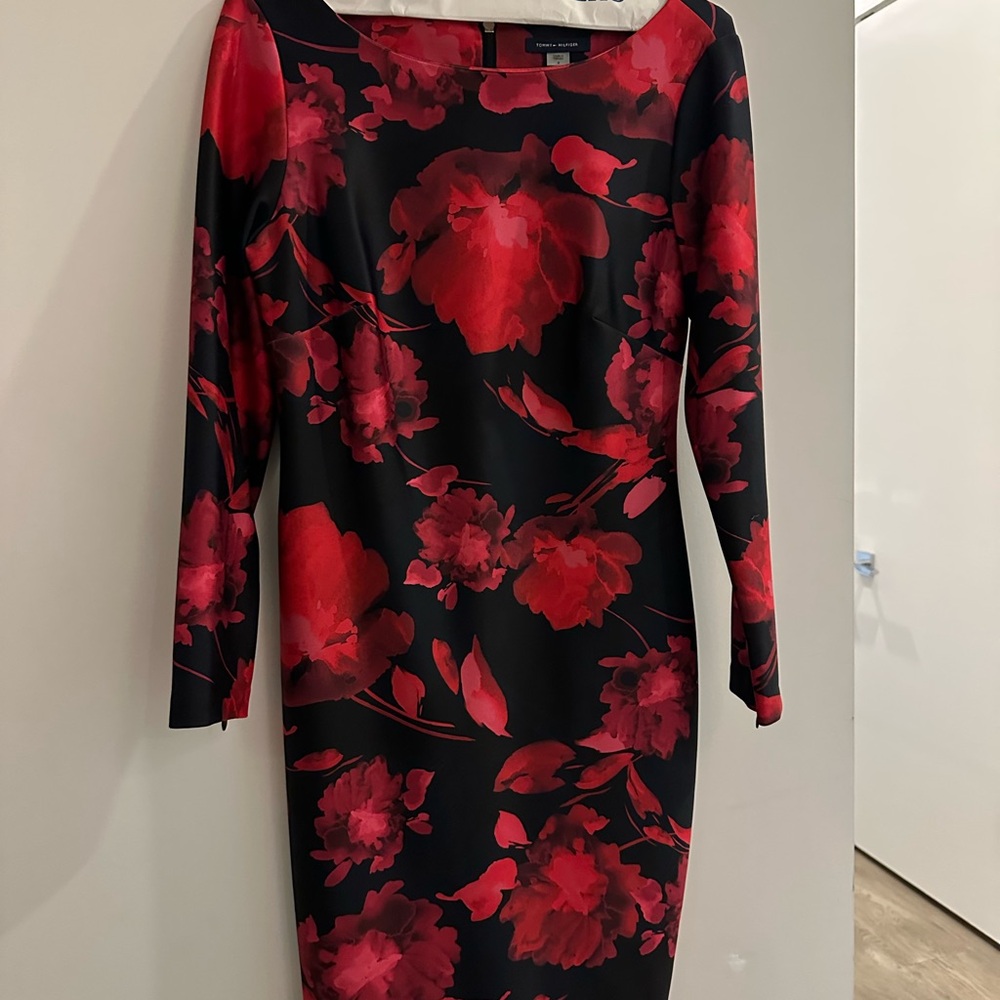 Tommy Hilfiger Black and Red Floral Long Sleeve Dress